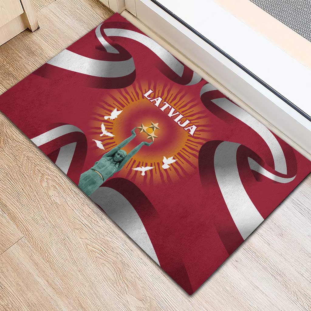 Latvia Rubber Doormat with Freedom Monument and Doves Graphic – 18 November 1918 Design