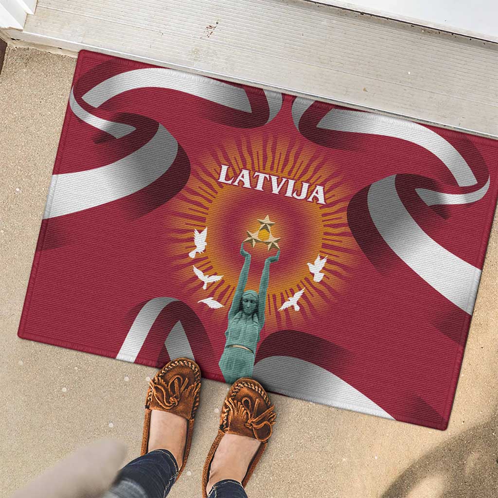 Latvia Rubber Doormat with Freedom Monument and Doves Graphic – 18 November 1918 Design