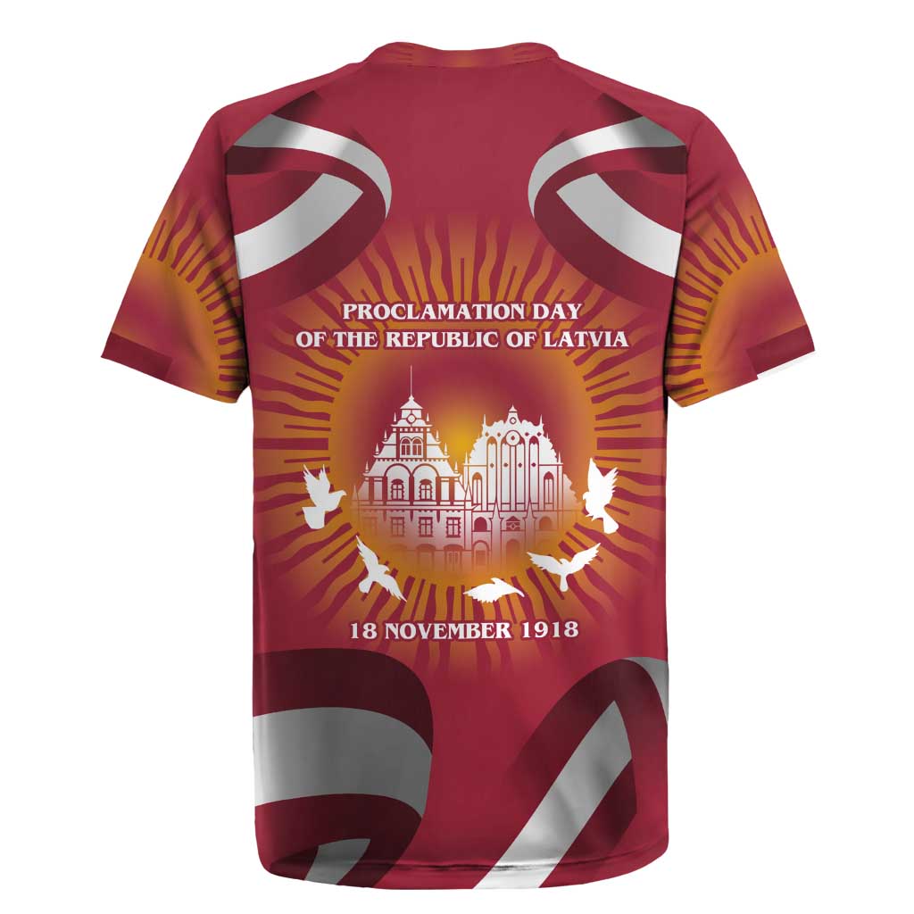 Latvia Rugby Jersey with Freedom Monument and Doves Graphic – 18 November 1918 Design