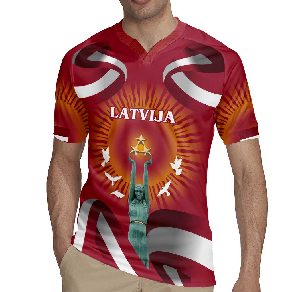 Latvia Rugby Jersey with Freedom Monument and Doves Graphic – 18 November 1918 Design