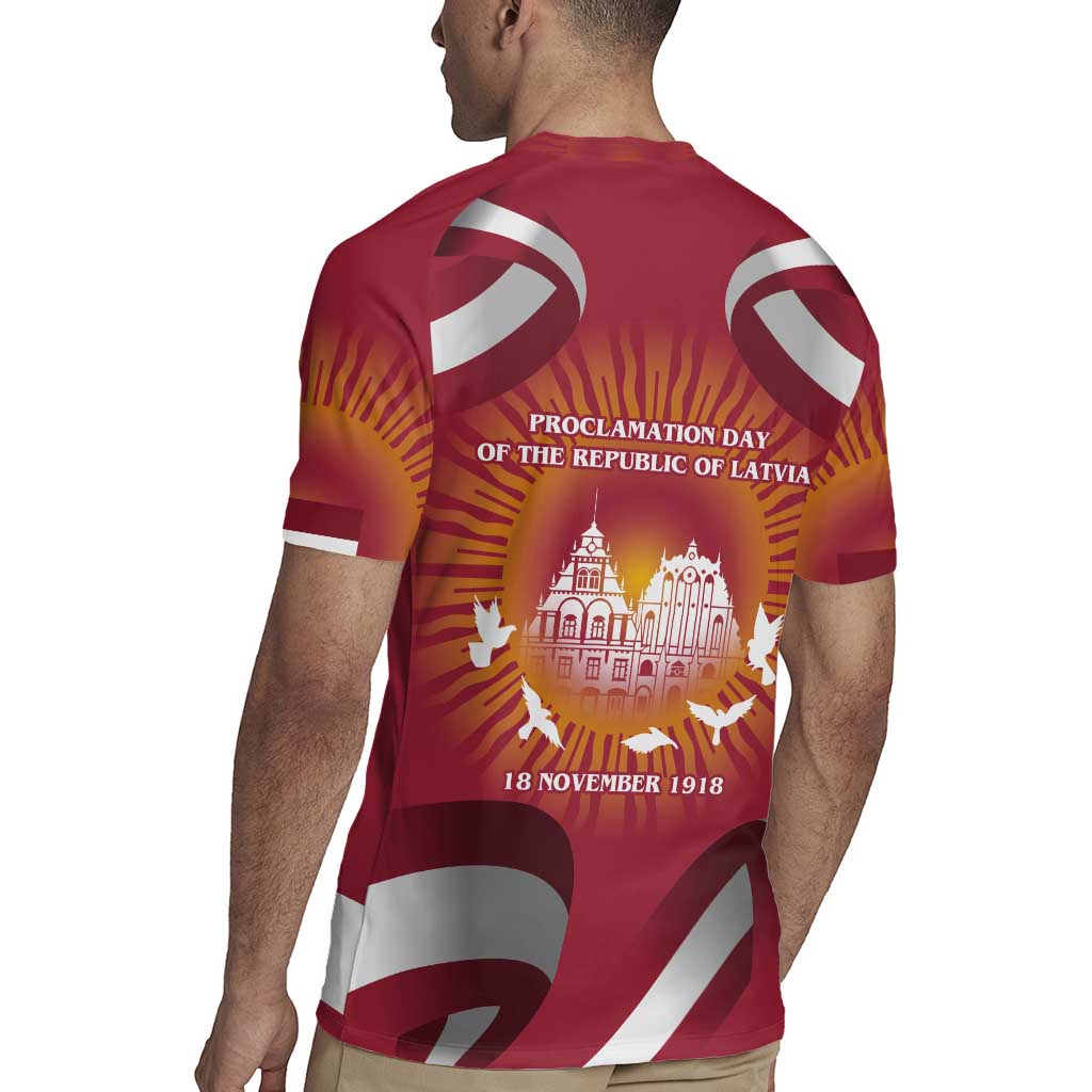 Latvia Rugby Jersey with Freedom Monument and Doves Graphic – 18 November 1918 Design