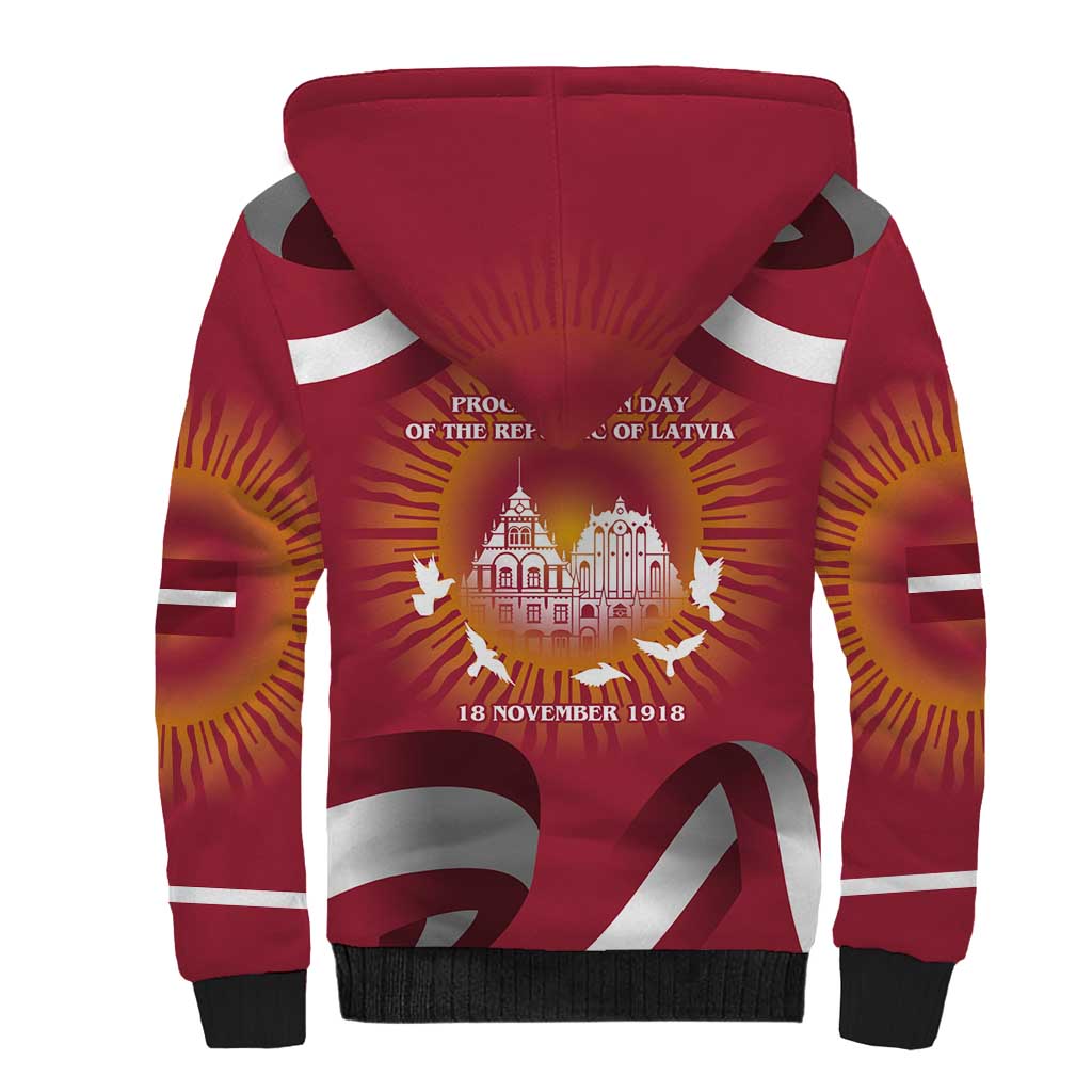 Latvia Sherpa Hoodie with Freedom Monument and Doves Graphic – 18 November 1918 Design