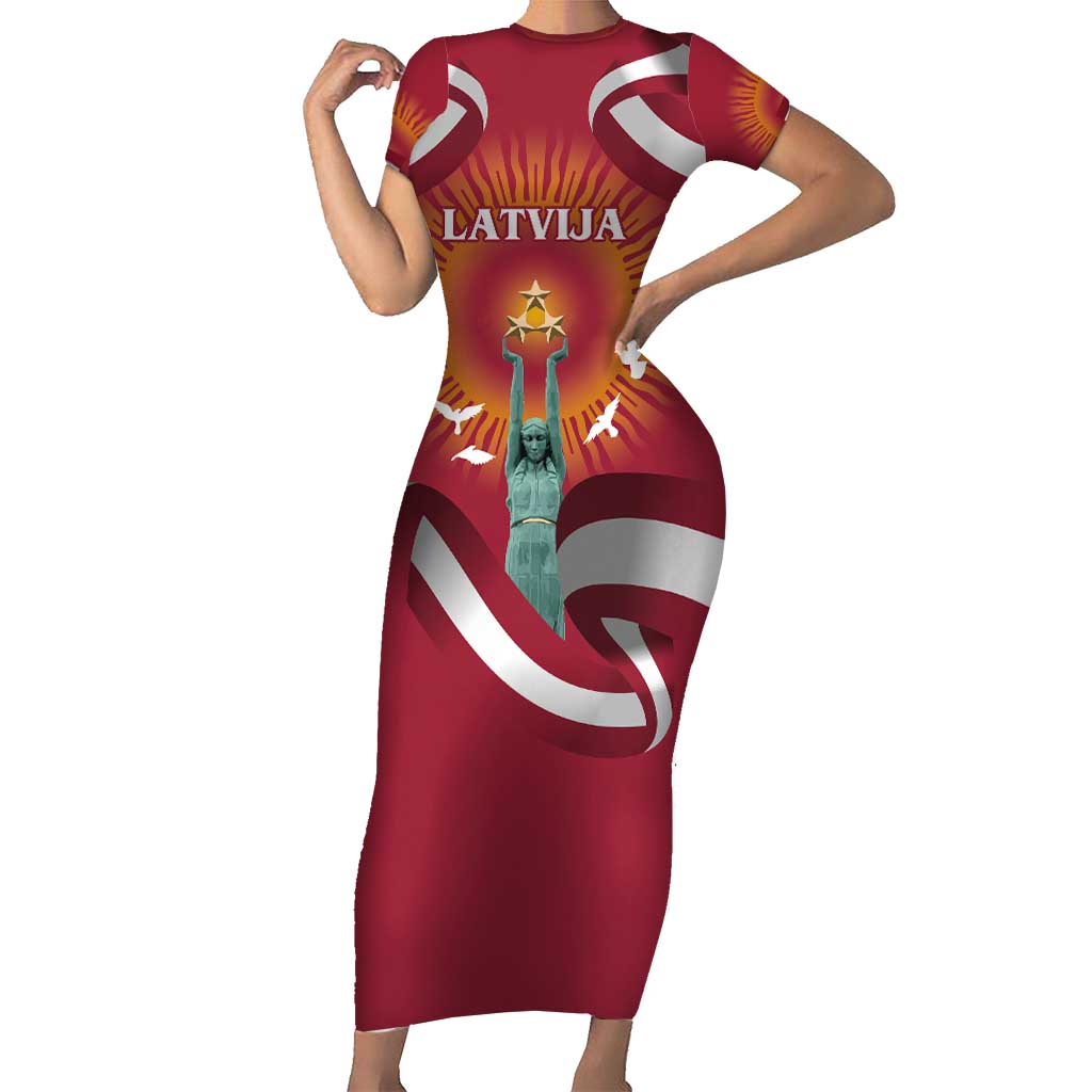 Latvia Short Sleeve Bodycon Dress with Freedom Monument and Doves Graphic – 18 November 1918 Design