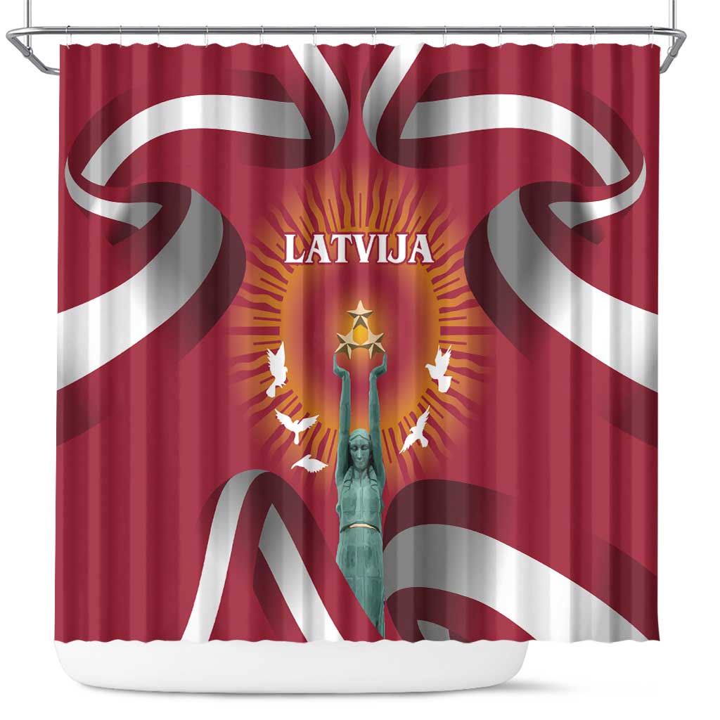 Latvia Shower Curtain with Freedom Monument and Doves Graphic – 18 November 1918 Design