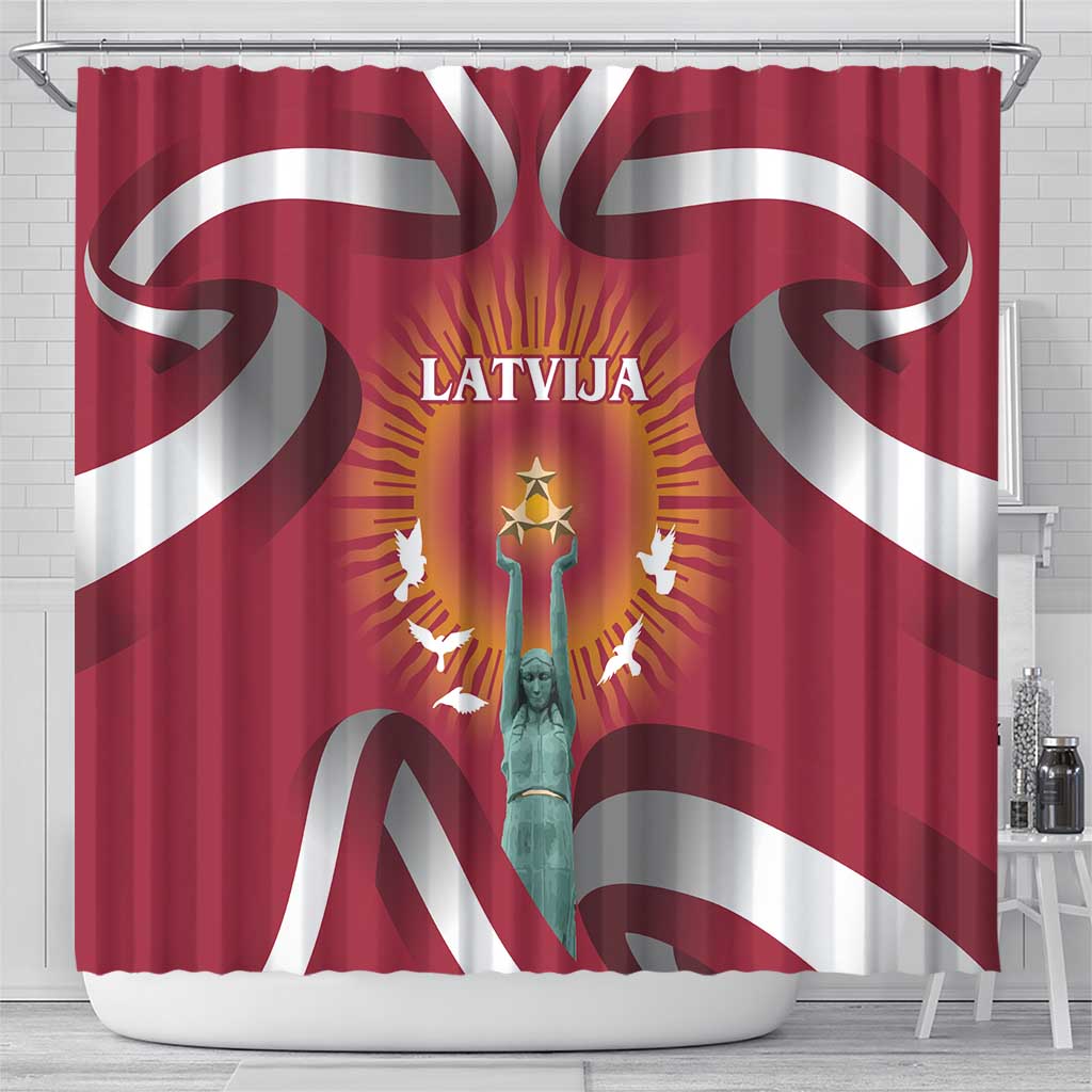 Latvia Shower Curtain with Freedom Monument and Doves Graphic – 18 November 1918 Design