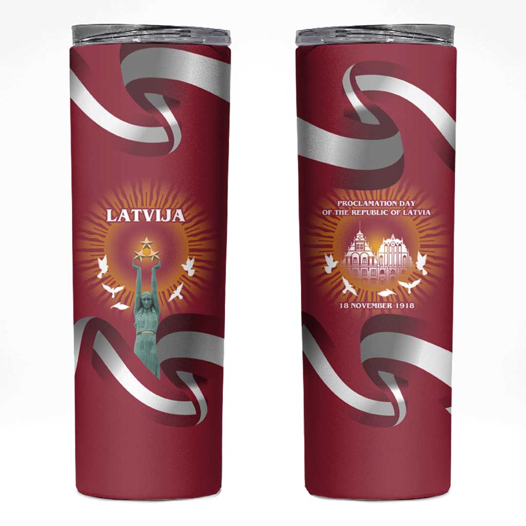 Latvia Skinny Tumbler with Freedom Monument and Doves Graphic – 18 November 1918 Design