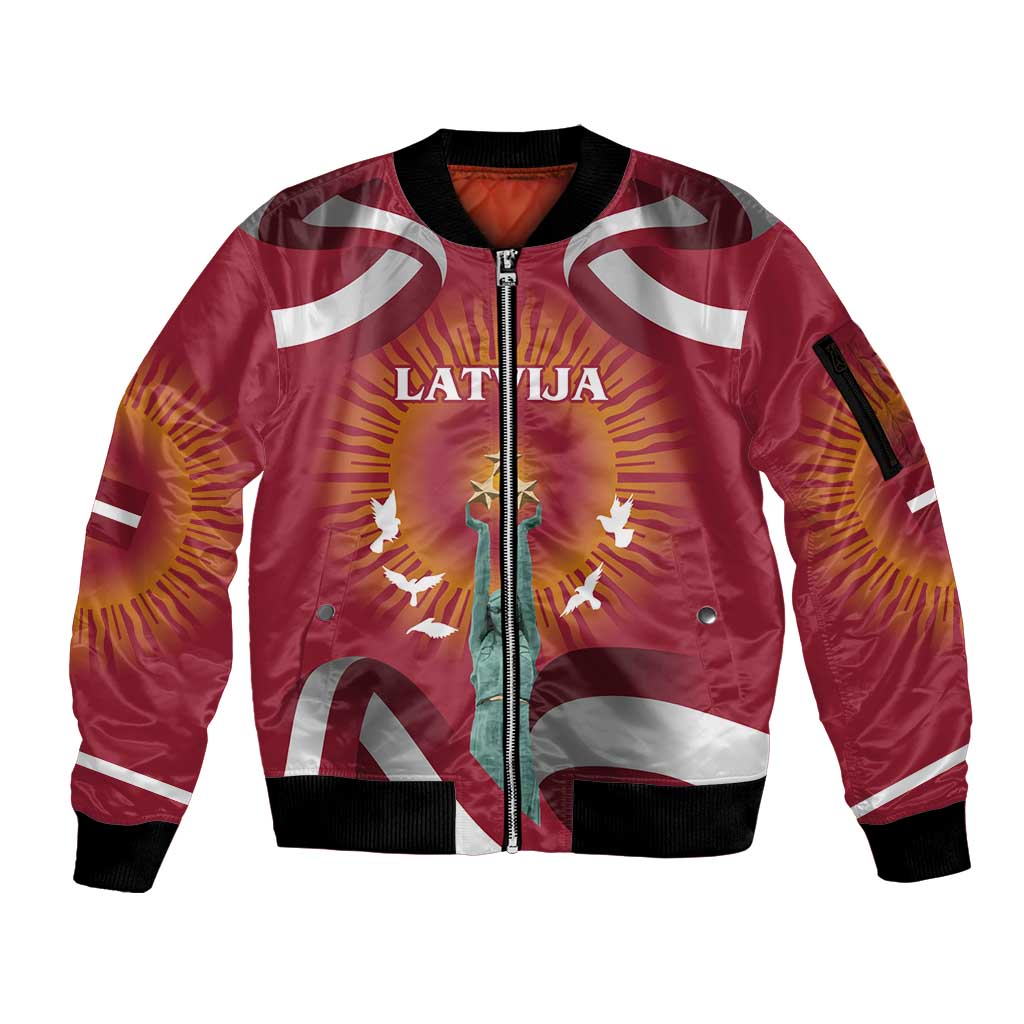 Latvia Sleeve Zip Bomber Jacket with Freedom Monument and Doves Graphic – 18 November 1918 Design