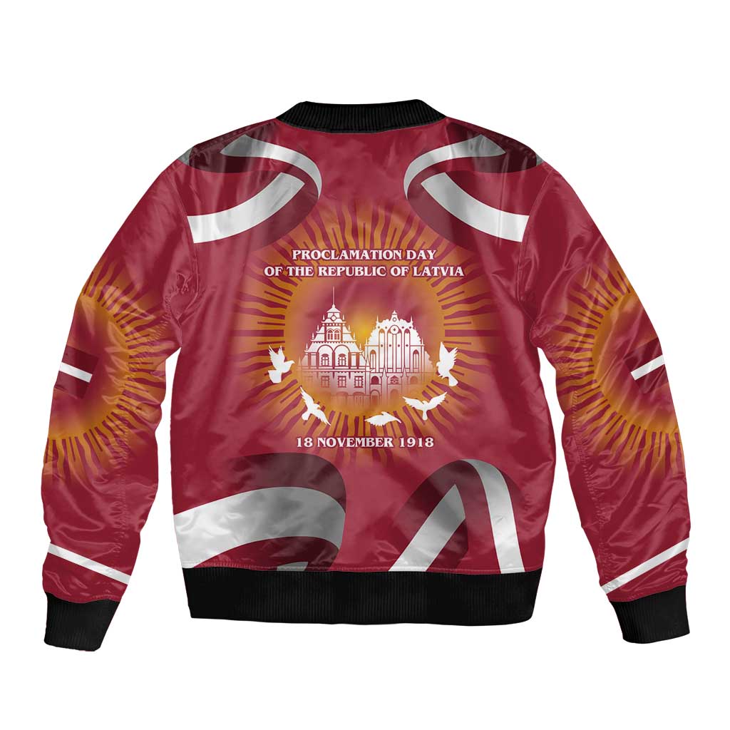 Latvia Sleeve Zip Bomber Jacket with Freedom Monument and Doves Graphic – 18 November 1918 Design