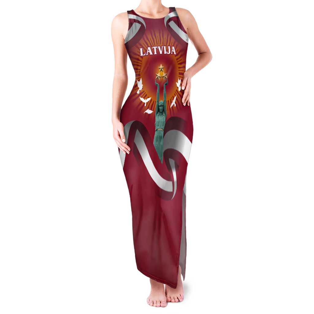Latvia Tank Maxi Dress with Freedom Monument and Doves Graphic – 18 November 1918 Design