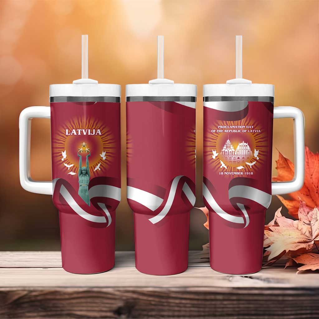 Latvia Tumbler With Handle with Freedom Monument and Doves Graphic – 18 November 1918 Design