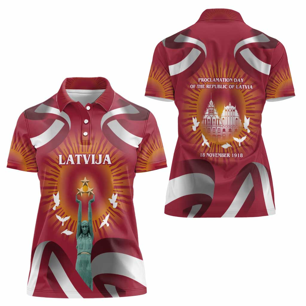 Latvia Women Polo Shirt with Freedom Monument and Doves Graphic – 18 November 1918 Design