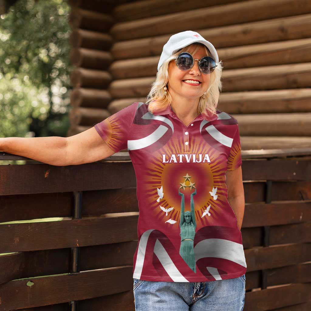 Latvia Women Polo Shirt with Freedom Monument and Doves Graphic – 18 November 1918 Design