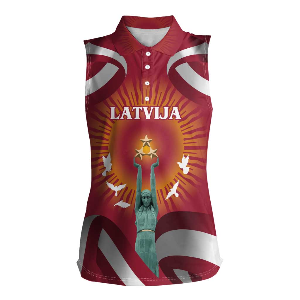 Latvia Women Sleeveless Polo Shirt with Freedom Monument and Doves Graphic – 18 November 1918 Design