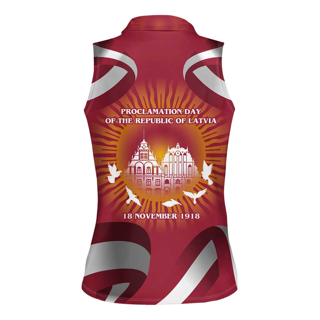Latvia Women Sleeveless Polo Shirt with Freedom Monument and Doves Graphic – 18 November 1918 Design