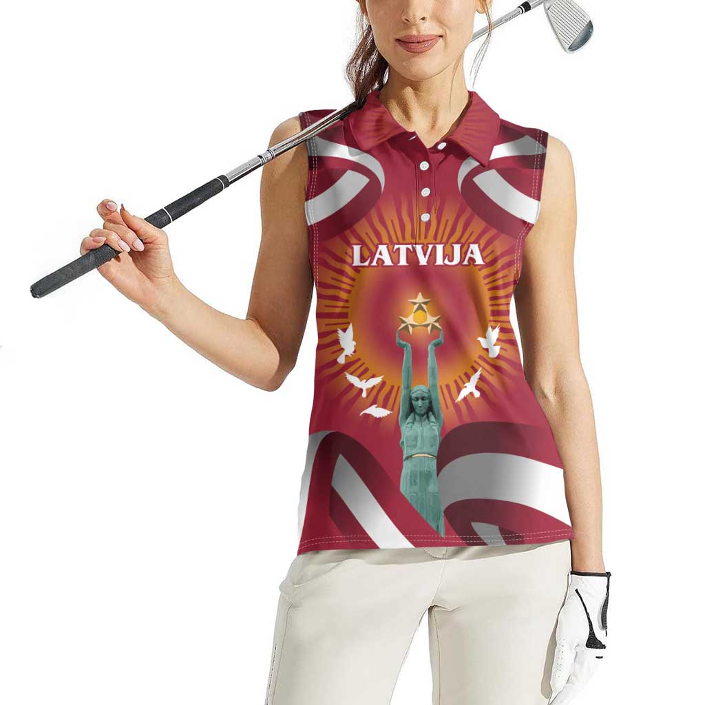 Latvia Women Sleeveless Polo Shirt with Freedom Monument and Doves Graphic – 18 November 1918 Design