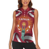 Latvia Women Sleeveless Polo Shirt with Freedom Monument and Doves Graphic – 18 November 1918 Design