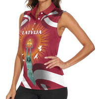 Latvia Women Sleeveless Polo Shirt with Freedom Monument and Doves Graphic – 18 November 1918 Design
