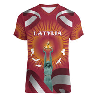Latvia Women V-Neck T-Shirt with Freedom Monument and Doves Graphic – 18 November 1918 Design