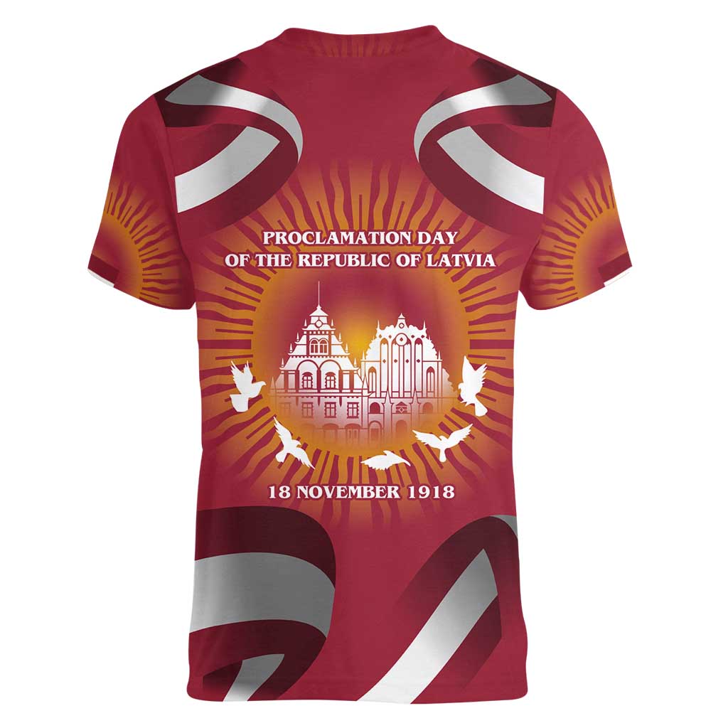 Latvia Women V-Neck T-Shirt with Freedom Monument and Doves Graphic – 18 November 1918 Design