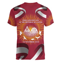 Latvia Women V-Neck T-Shirt with Freedom Monument and Doves Graphic – 18 November 1918 Design