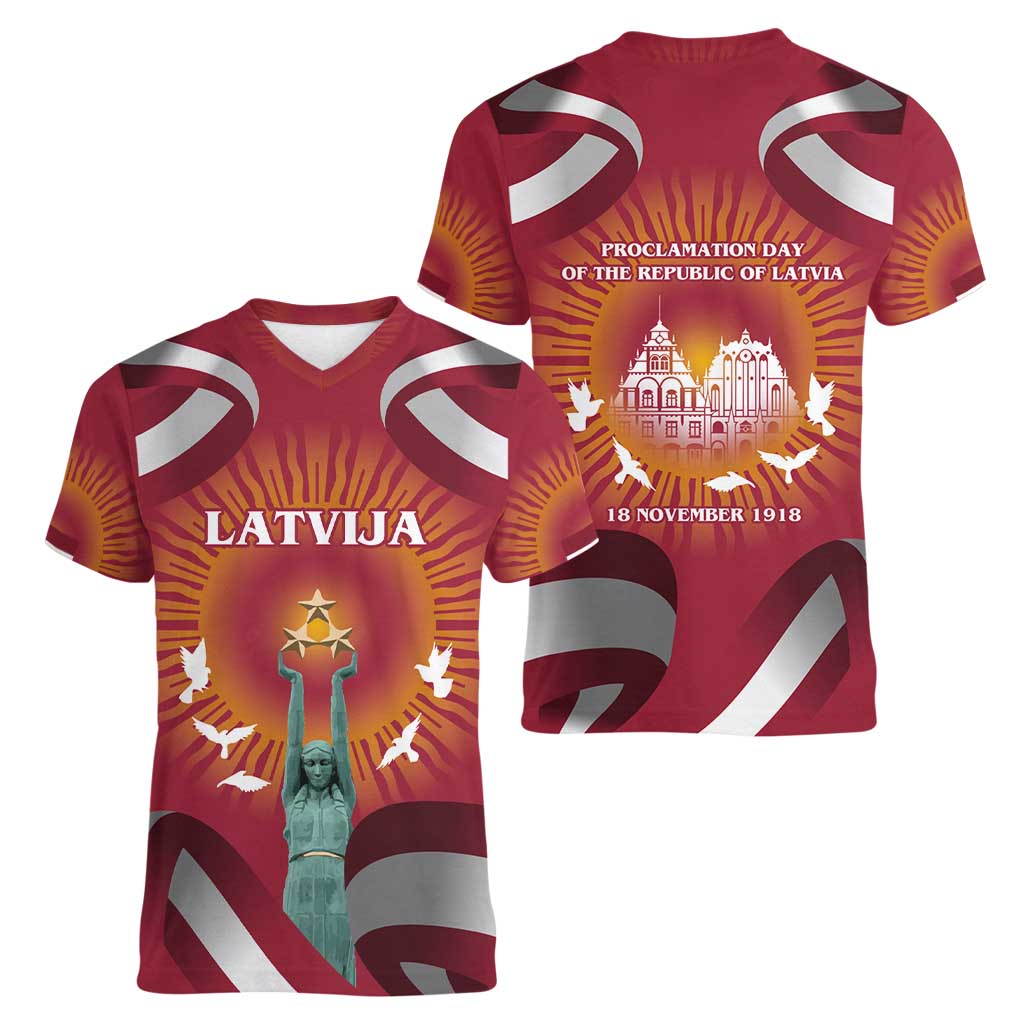 Latvia Women V-Neck T-Shirt with Freedom Monument and Doves Graphic – 18 November 1918 Design