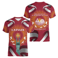 Latvia Women V-Neck T-Shirt with Freedom Monument and Doves Graphic – 18 November 1918 Design