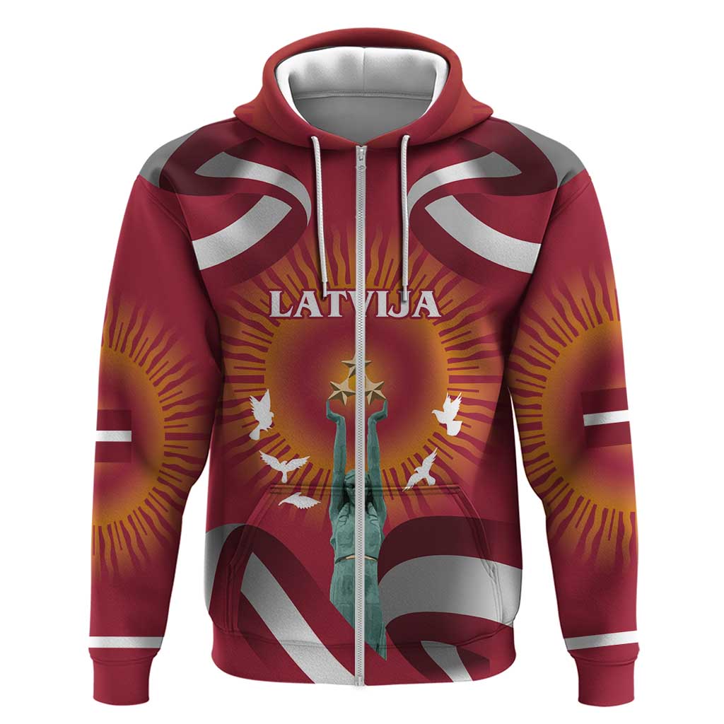Latvia Zip Hoodie with Freedom Monument and Doves Graphic – 18 November 1918 Design