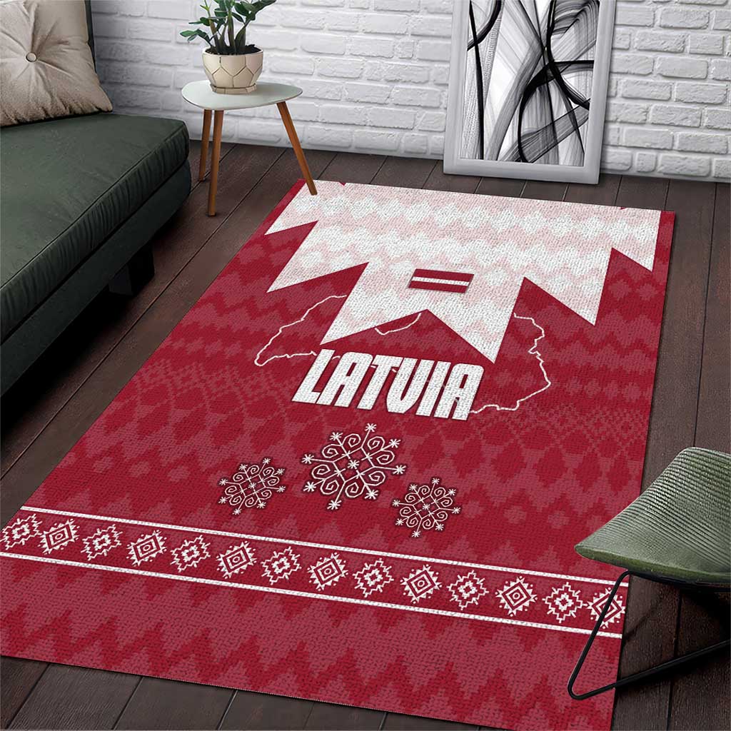 Latvia Area Rug with National Coat of Arms and Knit Pattern – Three Stars One Heart Design