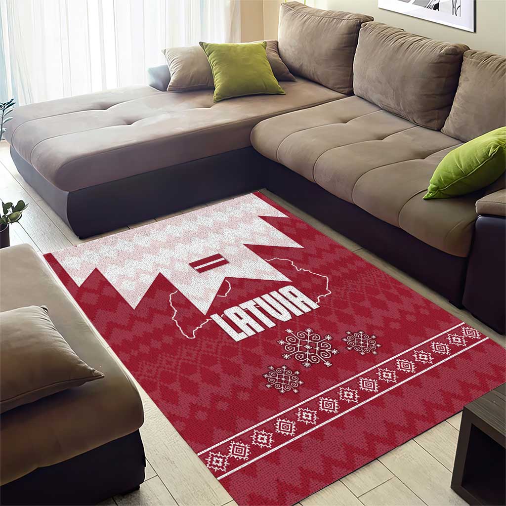 Latvia Area Rug with National Coat of Arms and Knit Pattern – Three Stars One Heart Design