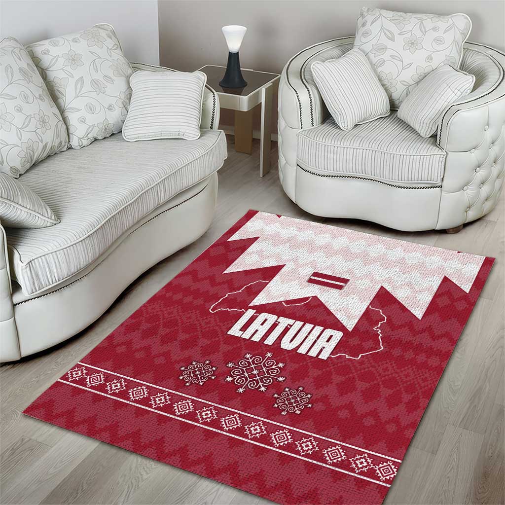 Latvia Area Rug with National Coat of Arms and Knit Pattern – Three Stars One Heart Design
