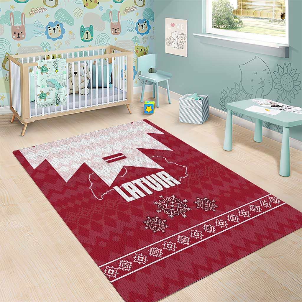 Latvia Area Rug with National Coat of Arms and Knit Pattern – Three Stars One Heart Design