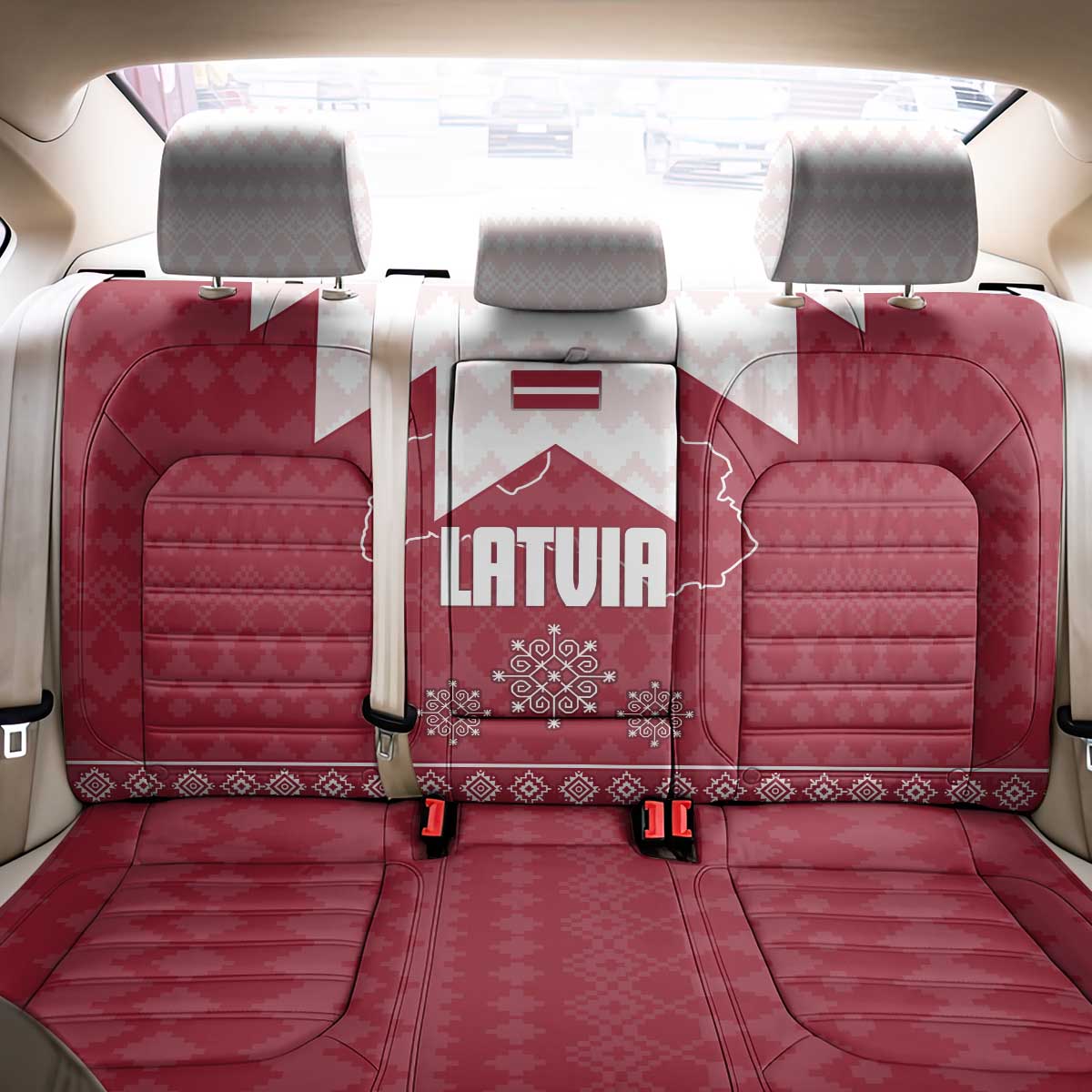 Latvia Back Car Seat Cover with National Coat of Arms and Knit Pattern – Three Stars One Heart Design