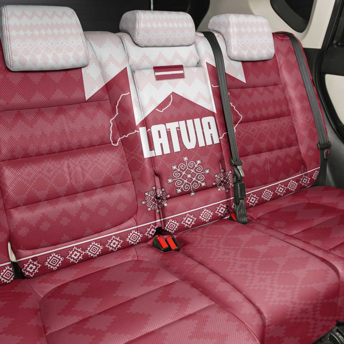 Latvia Back Car Seat Cover with National Coat of Arms and Knit Pattern – Three Stars One Heart Design