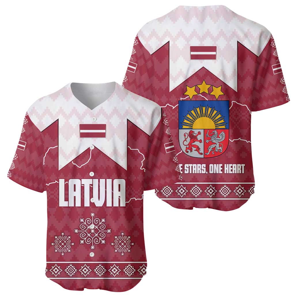 Latvia Baseball Jersey with National Coat of Arms and Knit Pattern – Three Stars One Heart Design