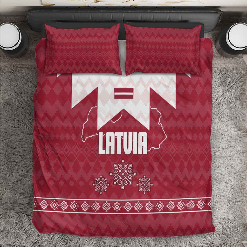 Latvia Bedding Set with National Coat of Arms and Knit Pattern – Three Stars One Heart Design
