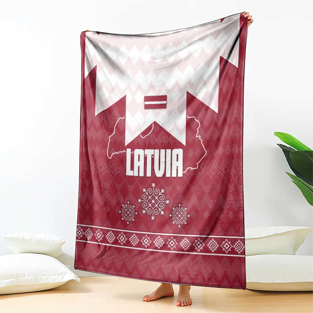 Latvia Blanket with National Coat of Arms and Knit Pattern – Three Stars One Heart Design