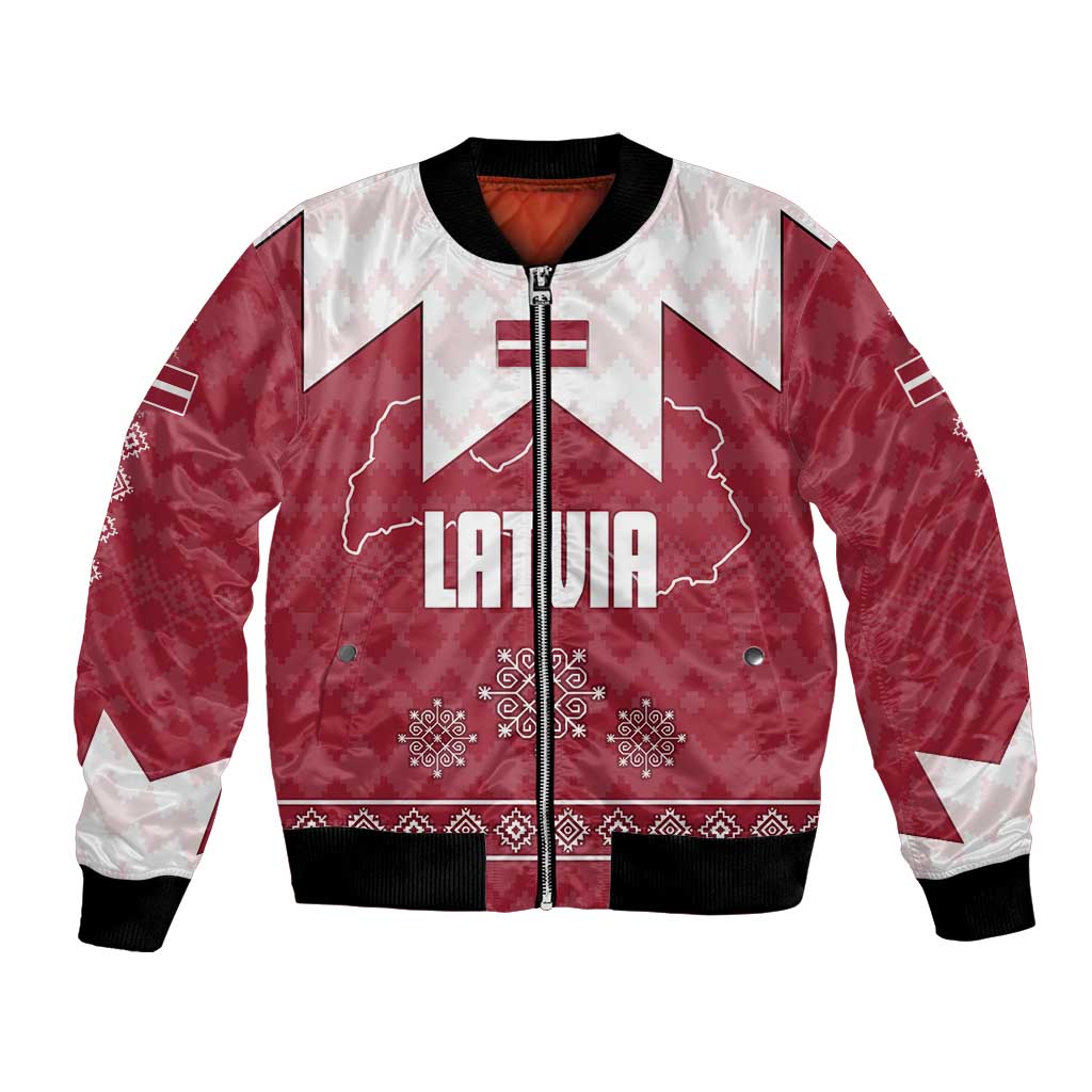 Latvia Bomber Jacket with National Coat of Arms and Knit Pattern – Three Stars One Heart Design