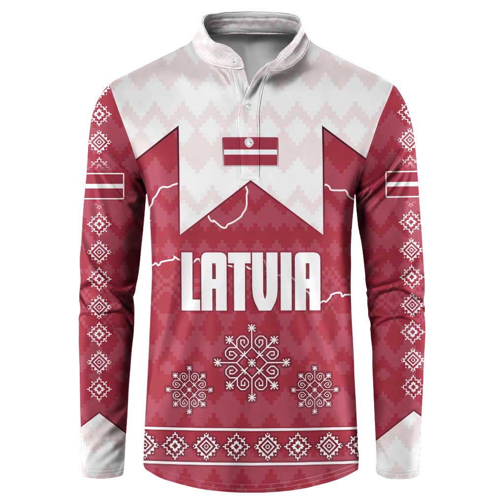 Latvia Button Sweatshirt with National Coat of Arms and Knit Pattern – Three Stars One Heart Design