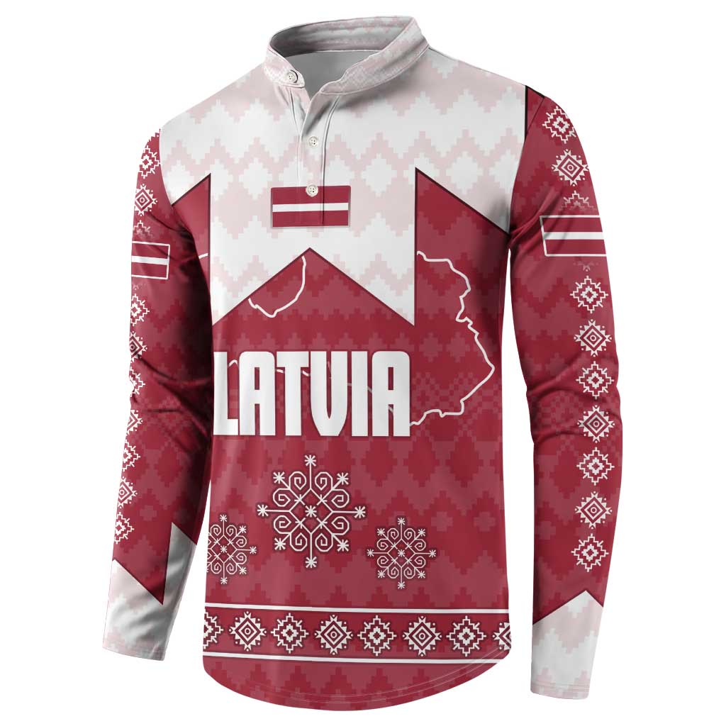Latvia Button Sweatshirt with National Coat of Arms and Knit Pattern – Three Stars One Heart Design