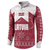 Latvia Button Sweatshirt with National Coat of Arms and Knit Pattern – Three Stars One Heart Design