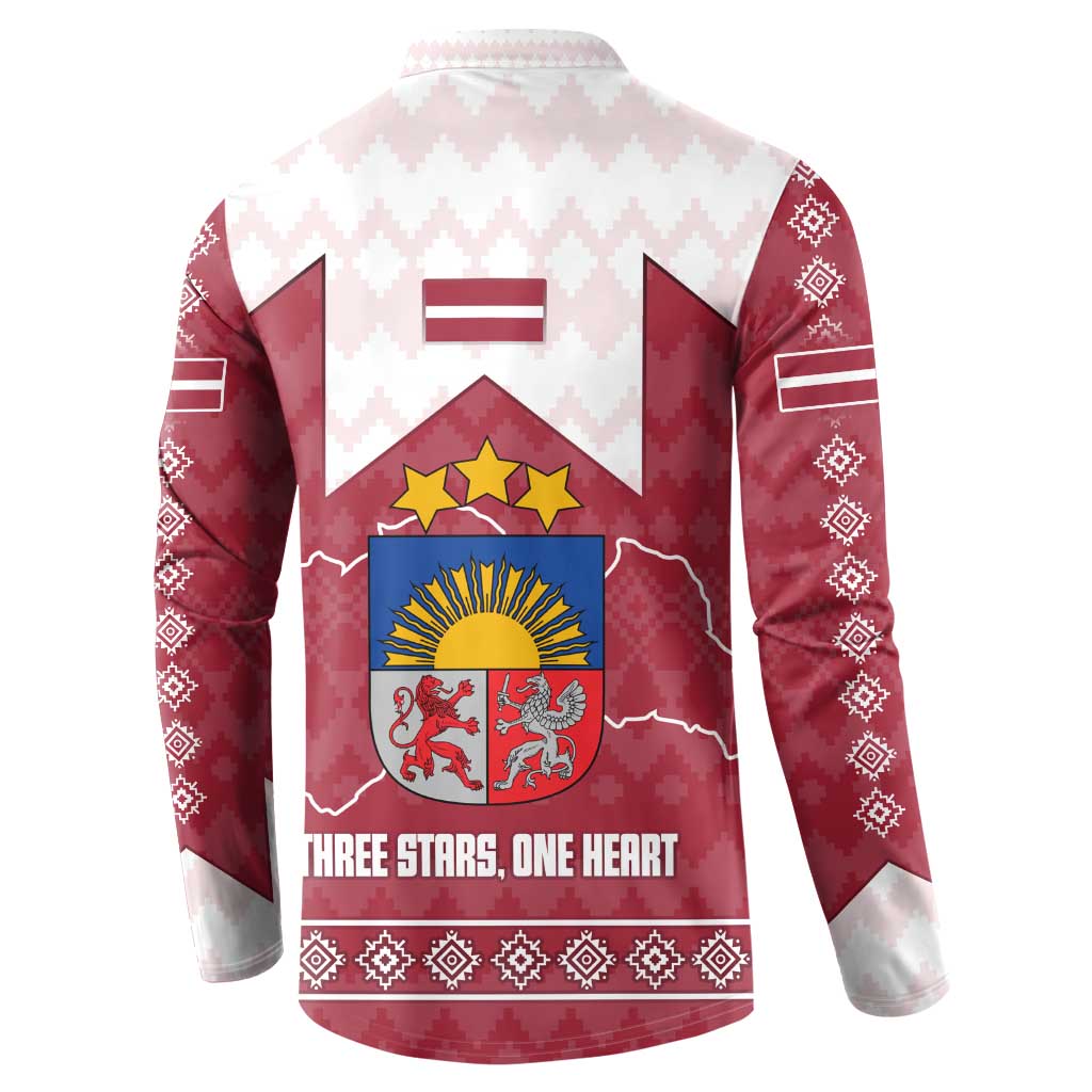 Latvia Button Sweatshirt with National Coat of Arms and Knit Pattern – Three Stars One Heart Design