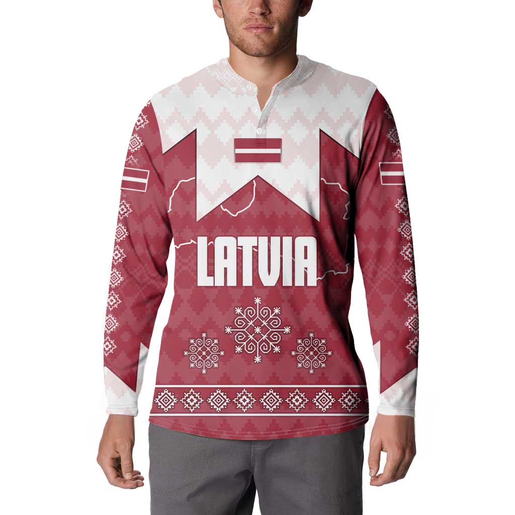 Latvia Button Sweatshirt with National Coat of Arms and Knit Pattern – Three Stars One Heart Design