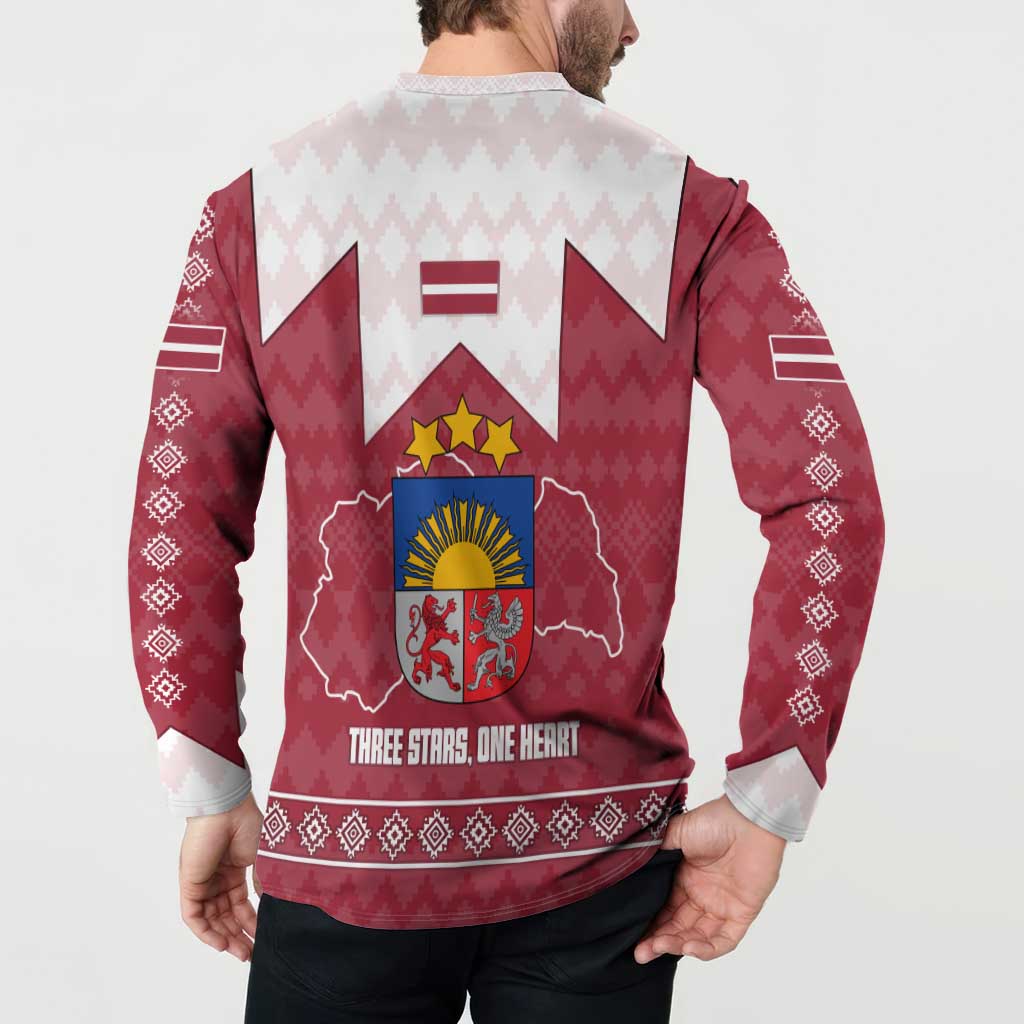 Latvia Button Sweatshirt with National Coat of Arms and Knit Pattern – Three Stars One Heart Design