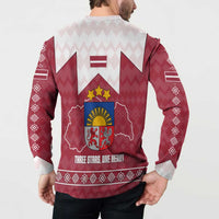 Latvia Button Sweatshirt with National Coat of Arms and Knit Pattern – Three Stars One Heart Design