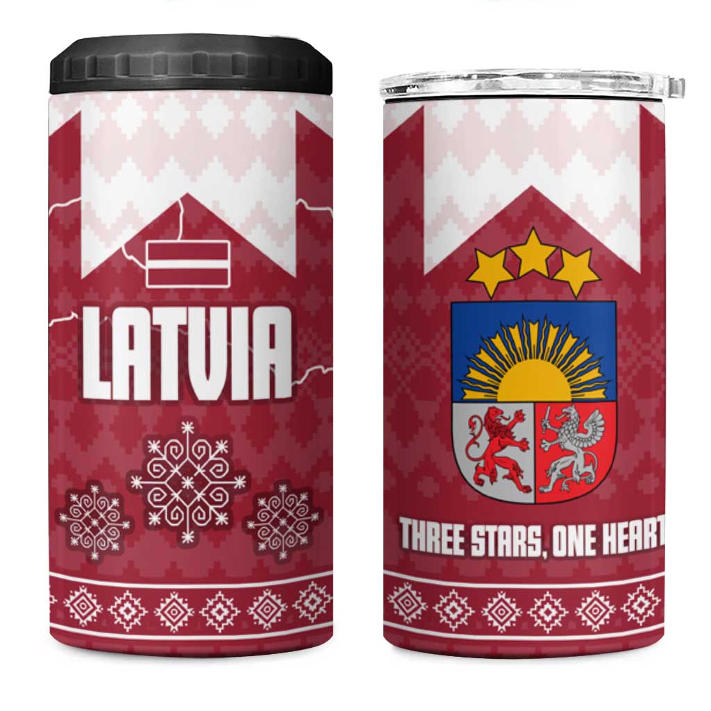 Latvia 4 in 1 Can Cooler Tumbler with National Coat of Arms and Knit Pattern – Three Stars One Heart Design