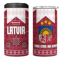 Latvia 4 in 1 Can Cooler Tumbler with National Coat of Arms and Knit Pattern – Three Stars One Heart Design