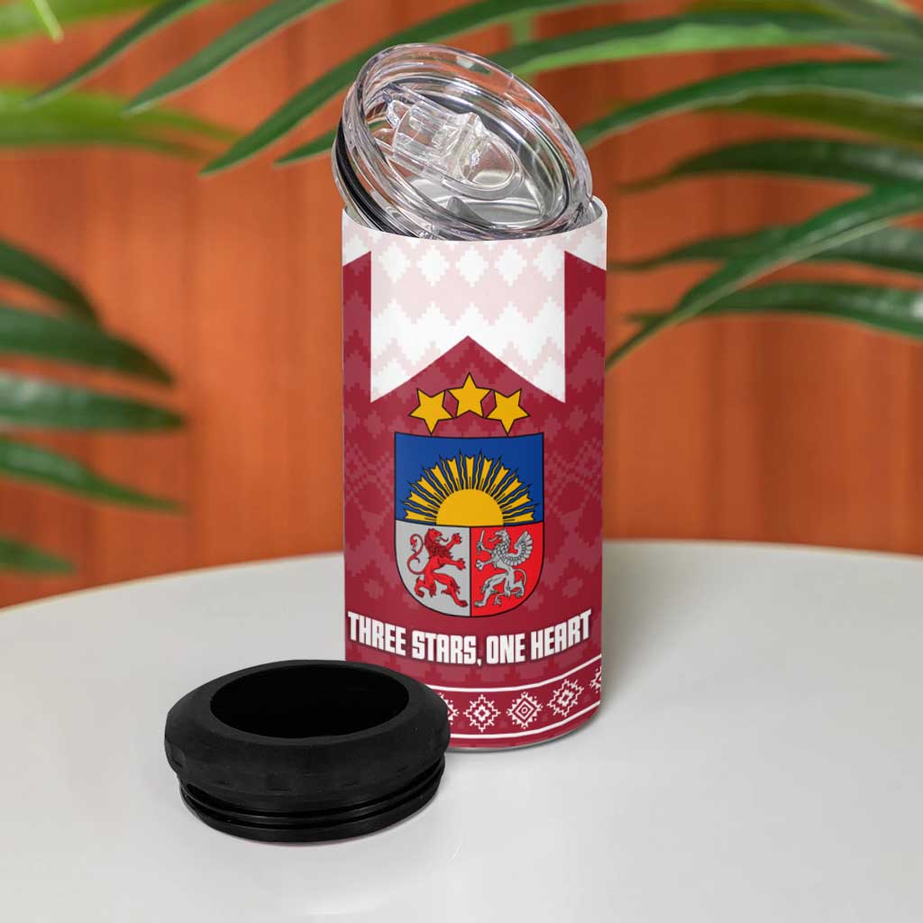 Latvia 4 in 1 Can Cooler Tumbler with National Coat of Arms and Knit Pattern – Three Stars One Heart Design
