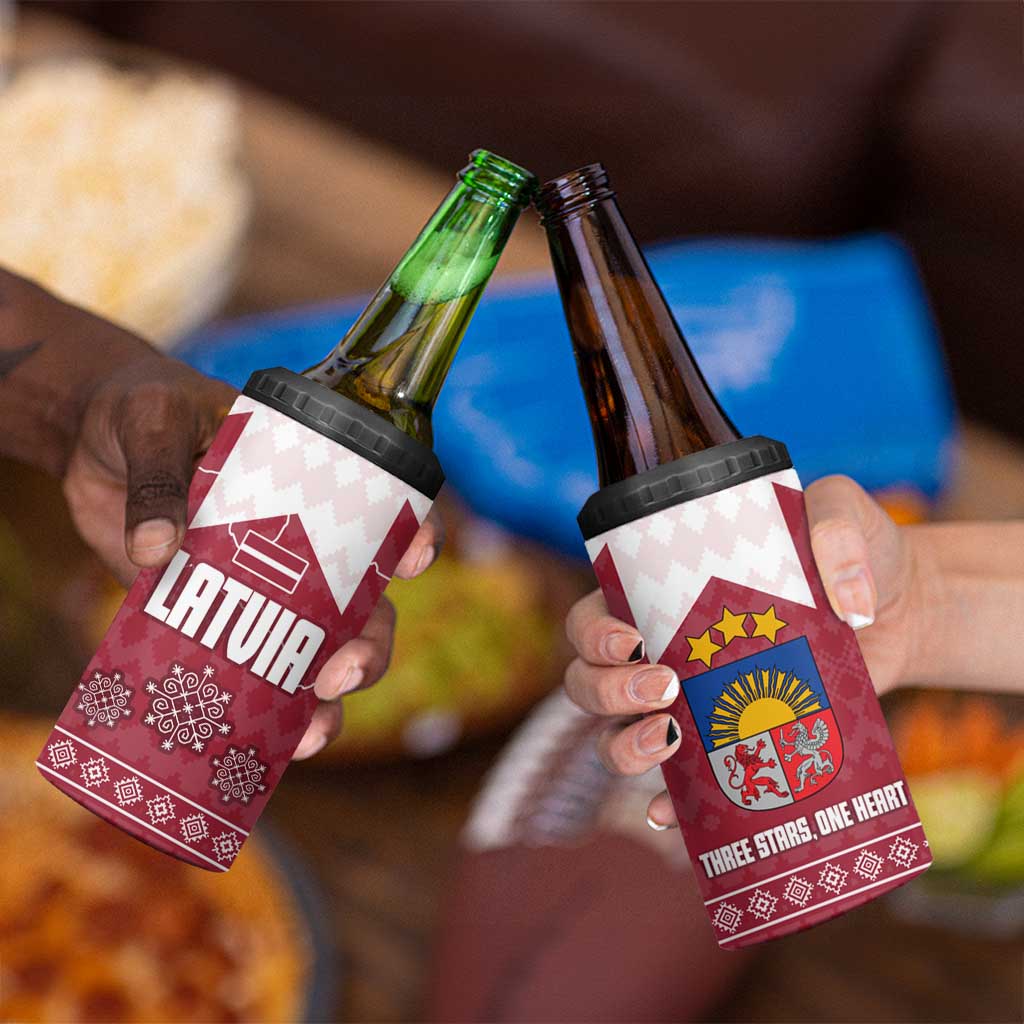 Latvia 4 in 1 Can Cooler Tumbler with National Coat of Arms and Knit Pattern – Three Stars One Heart Design