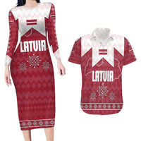 Latvia Couples Matching Long Sleeve Bodycon Dress and Hawaiian Shirt with National Coat of Arms and Knit Pattern – Three Stars One Heart Design
