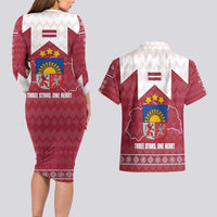 Latvia Couples Matching Long Sleeve Bodycon Dress and Hawaiian Shirt with National Coat of Arms and Knit Pattern – Three Stars One Heart Design